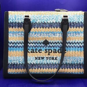 Kate Spade Ellie Stripe Straw Large Tote Blue And Tan W/COA